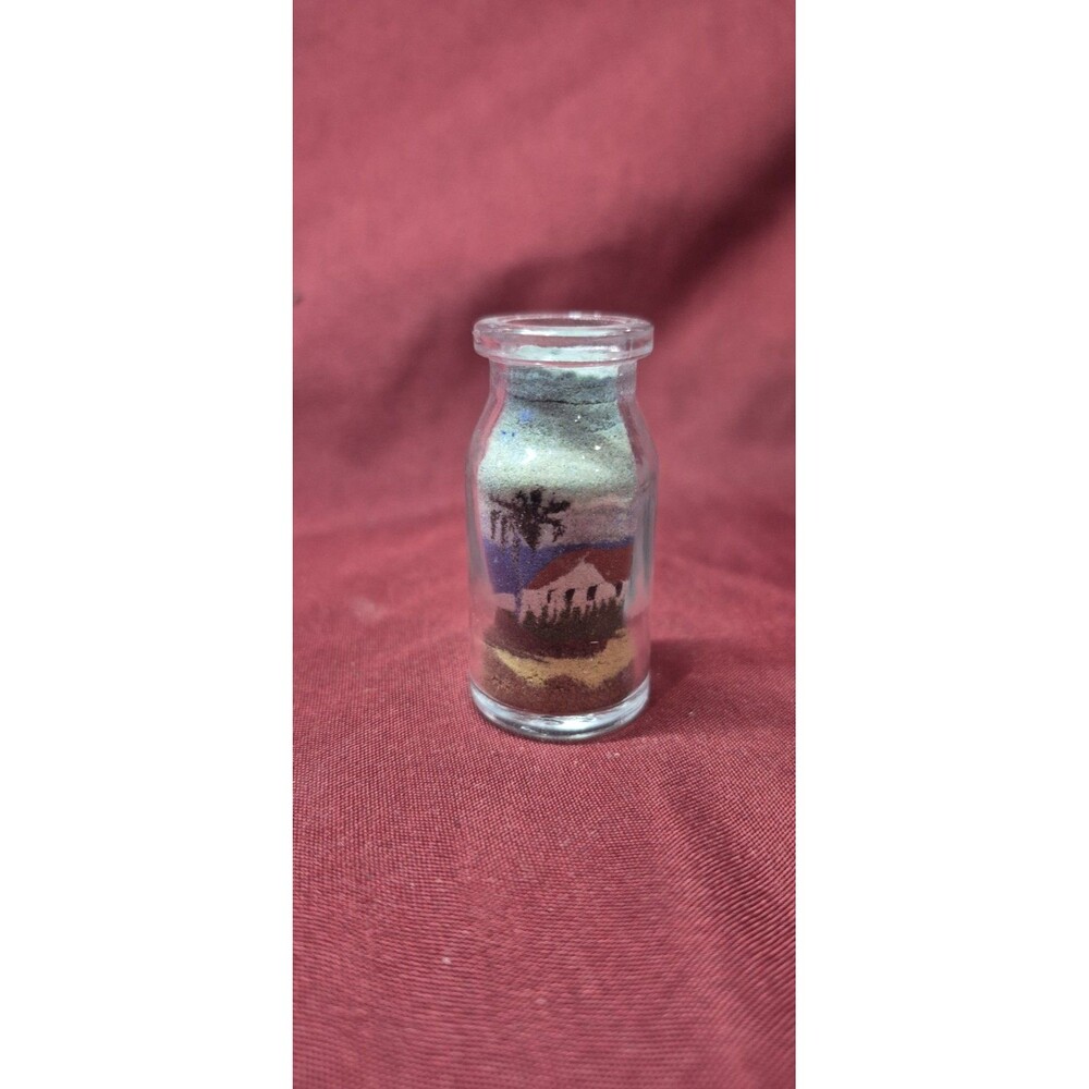 Vintage 1.5" Miniature Sand Art Bottle Glass Tropical Beach Scene Palm Tree EUC